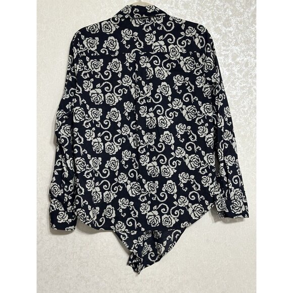 Kut from the Kloth Button Up Roll Tab Sleeve Black & White Floral Tie Waist Sz M - Picture 2 of 5